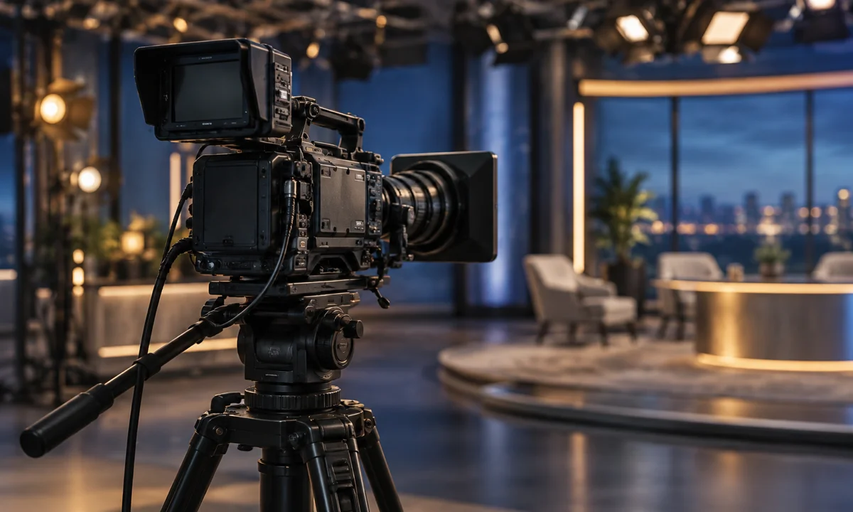 Editorial illustration of a broadcast camera in a studio