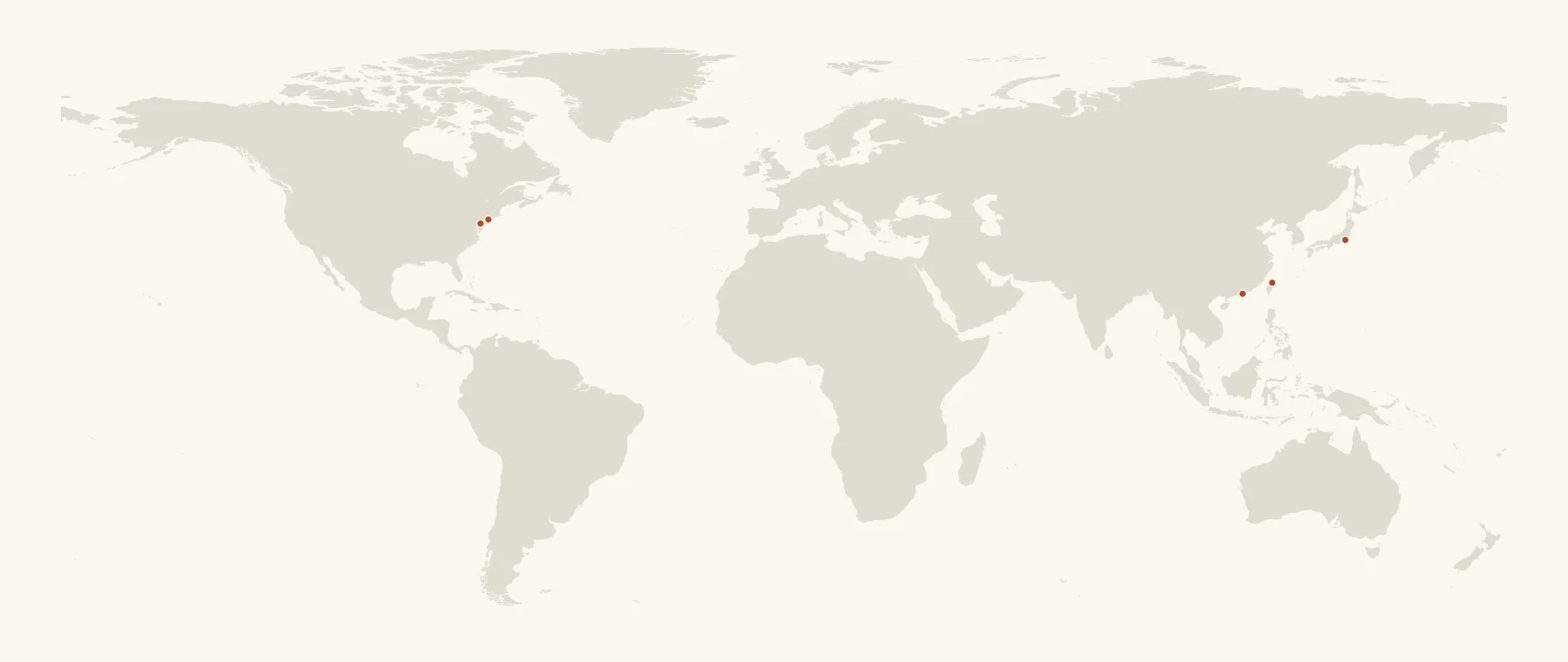 Office locations: Hong Kong (three offices), Tokyo, Taipei, Westbury in New York, and Wilmington in Delaware. Five geographic markers represent seven offices.